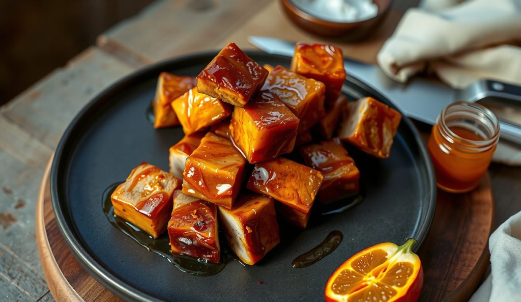 Pork belly burnt ends coated in shiny honey-habanero glaze with visible chile flecks and deep amber caramelization, sliced habanero beside cubes on dark stoneware, raw honeycomb jar in frame.