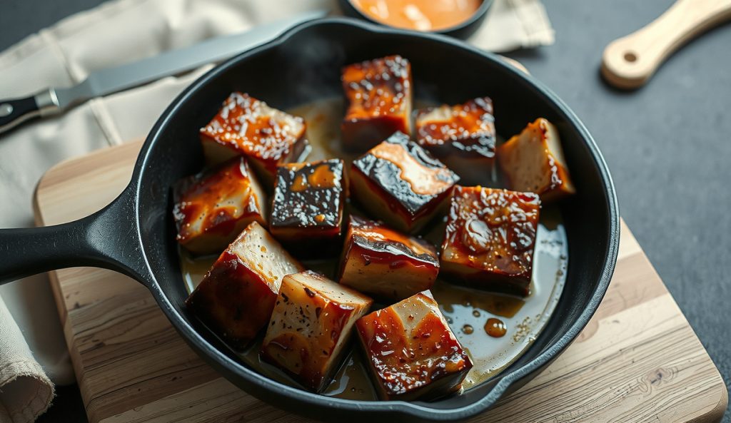 Keto smoked pork belly burnt ends in cast iron with sugar-free rub bark and rendered golden fat pooling beneath cubes, no sweet glaze, cracked pepper crust visible, small keto sauce ramekin alongside.