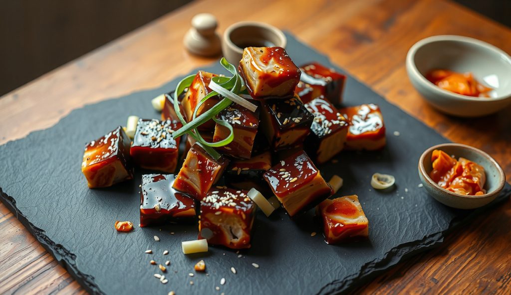 Smoked pork belly burnt ends with gochujang Korean-style glaze, deep brick-red fermented-chile sheen, toasted sesame seeds and scallion ribbons on top, kimchi in ceramic bowl at frame edge.