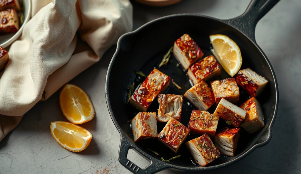 Low-sodium smoked pork belly burnt ends in cast iron skillet with herb and lemon zest crust, fresh rosemary and lemon peel scattered, glistening juice on cubes, no salt shaker in frame.