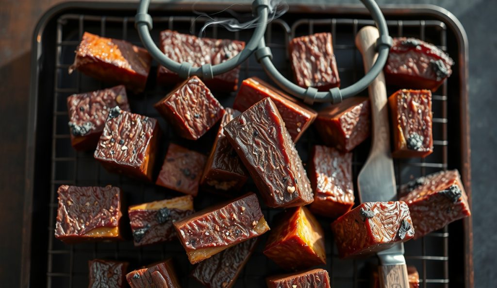 Sauce-free smoked pork belly burnt ends with thick dry mahogany bark crust, no glaze or sauce visible, coarse pepper and salt embedded in craggy surface, piled on a blackened wire rack.