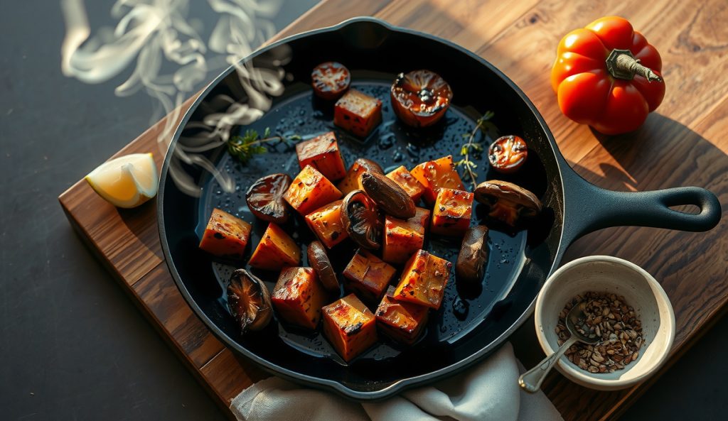 Vegetarian companion burnt ends: smoked butternut squash and king oyster mushroom cubes with paprika crust and glossy balsamic glaze in cast iron skillet, steam rising, charred edges and fresh thyme.