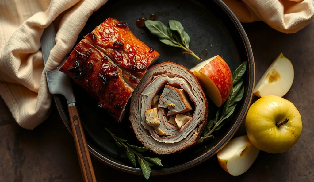 Smoked stuffed pork loin with a caramelized brown sugar crust sliced to reveal a Granny Smith apple, sage, and whole-grain mustard filling on dark stoneware with apple and sage garnish.