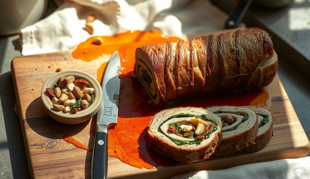 Sliced smoked stuffed pork loin showing a spiral filling of spinach, sun-dried tomatoes, and pine nuts without feta on a butcher block, with a bowl of nutritional yeast nearby for the dairy-free adaptation.