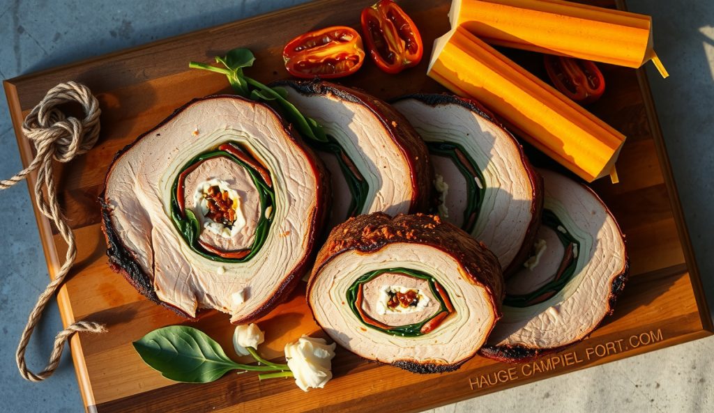 Smoked stuffed pork loin sliced into rounds on a weathered butcher block, each showing a pinwheel cross-section of smoke-ringed pork, wilted spinach, sun-dried tomatoes, and crumbled feta in a tight spiral with bark exterior.
