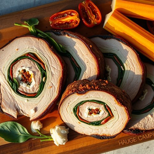 Smoked stuffed pork loin sliced into rounds on a weathered butcher block, each showing a pinwheel cross-section of smoke-ringed pork, wilted spinach, sun-dried tomatoes, and crumbled feta in a tight spiral with bark exterior.