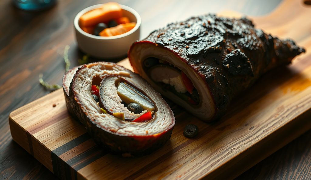Sliced smoked stuffed pork loin showing a spiral of roasted red peppers, kalamata olives, and goat cheese on a butcher block, highlighting the Mediterranean filling swap with a small olive dish alongside.