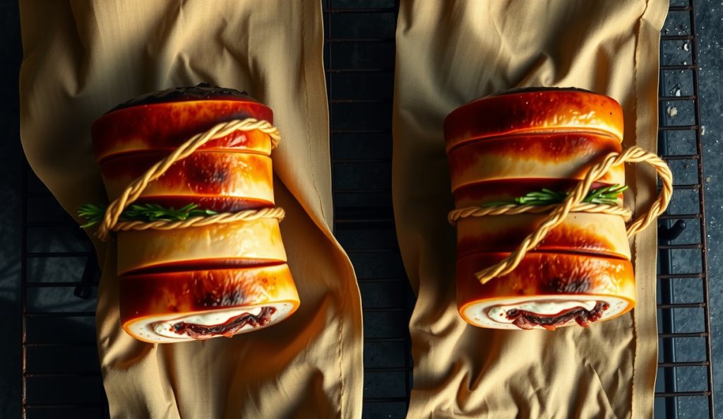 Two smoked stuffed pork loin rolls side by side on smoker grates from above, both showing matching bark and trussing, illustrating the scaled-up method of cooking two smaller loins instead of one large.