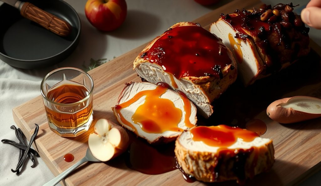 Smoked pork tenderloin glazed in a bourbon-apple reduction with deep caramel lacquer, a rocks glass of bourbon alongside on a butcher block.