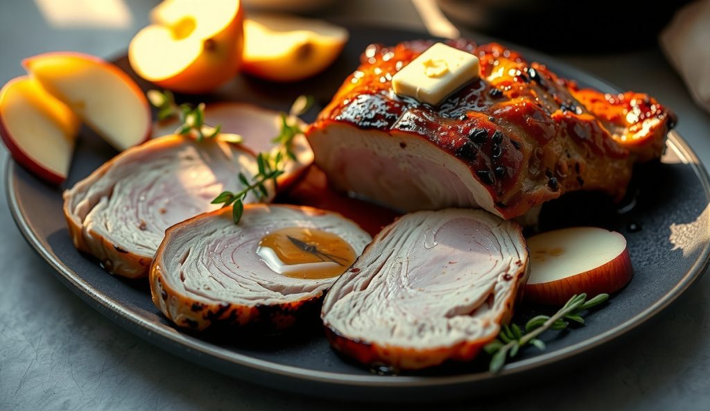 Sliced smoked pork tenderloin on a dark stoneware plate with lacquered apple-cider glaze, blush-pink interior medallions with visible smoke ring, glaze pooling between slices, fresh thyme and apple slices fanned alongside.