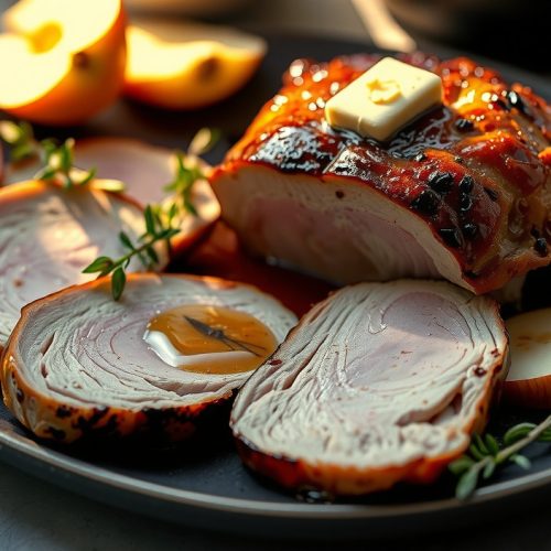 Sliced smoked pork tenderloin on a dark stoneware plate with lacquered apple-cider glaze, blush-pink interior medallions with visible smoke ring, glaze pooling between slices, fresh thyme and apple slices fanned alongside.