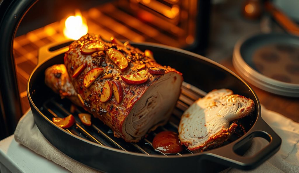 Oven-roasted pork tenderloin with smoked paprika crust and apple-cider glaze resting on a wire rack in a roasting pan, no smoker required adaptation.
