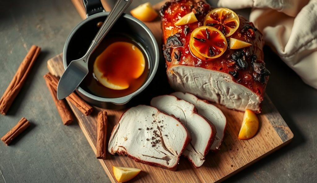 Smoked pork tenderloin with a spiced cider glaze featuring visible cinnamon sticks and cloves, warm autumn harvest styling on a weathered wood board.