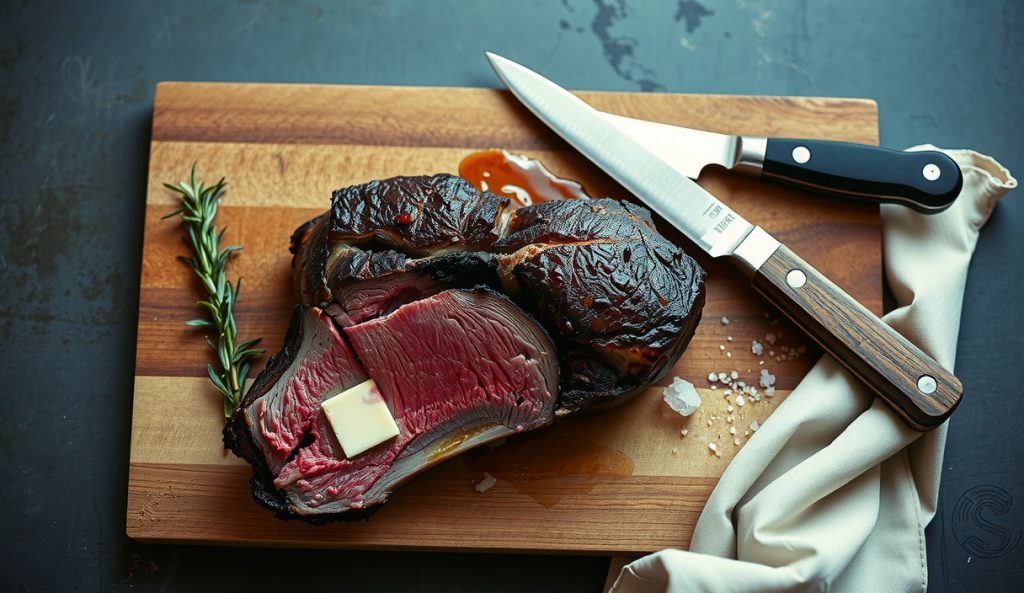 A three-bone smoked prime rib mid-carve on a butcher block, dark crackling bark surrounding a rose-pink medium-rare interior with a deep smoke ring, beef juices running freely with rosemary garnish.