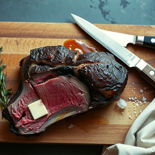 A three-bone smoked prime rib mid-carve on a butcher block, dark crackling bark surrounding a rose-pink medium-rare interior with a deep smoke ring, beef juices running freely with rosemary garnish.
