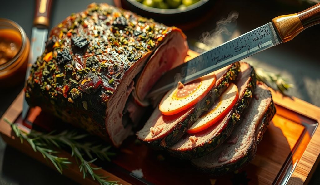 Smoked bone-in prime rib with herb-crusted bark variation showing rosemary, thyme, and Dijon paste forming a deeply aromatic green-brown crust, with a carved cross-section revealing the smoke ring beneath.