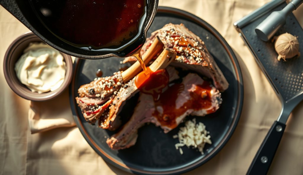 Carved smoked bone-in prime rib receiving a pour of smoke-laced au jus from cast iron pan drippings, with a ramekin of fresh horseradish cream alongside — the plated sauce variation completing the roast.