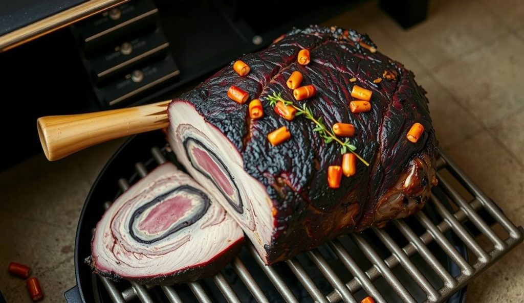 Bone-in prime rib on pellet grill grates with a smoke tube loaded with oak pellets alongside, showing the deeper smoke ring the tube produces — the pellet grill adaptation for enhanced smoke penetration.