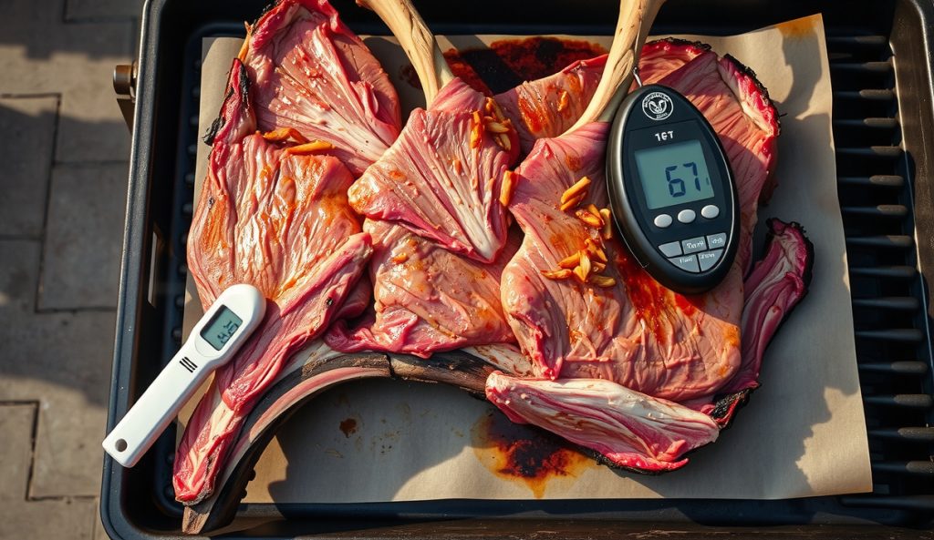 Massive 4-to-5-bone prime rib roast spanning a wide smoker surface showing the scaled-up crowd version, with a probe thermometer inserted and deep bark across the entire large surface area.