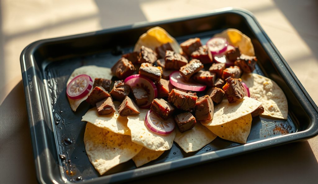 Smoked brisket flat chopped and loaded over tortilla chips with pickled red onion scattered on top — the brisket nachos cut-swap showing dark bark-edged beef and strict moisture control.