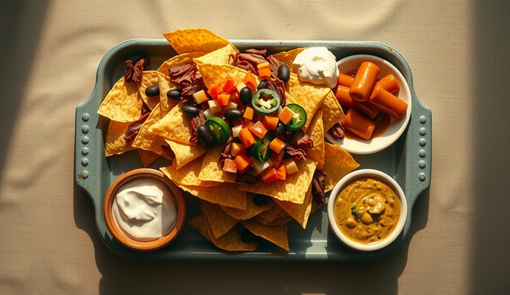 Smoked pulled pork nachos on a dented enamelware tray, crispy chips layered with bark-flecked pulled pork, melted cheese oozing into crevices, jalapeño rings, black beans, and fresh pico de gallo on top.