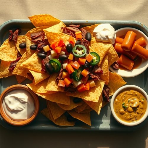 Smoked pulled pork nachos on a dented enamelware tray, crispy chips layered with bark-flecked pulled pork, melted cheese oozing into crevices, jalapeño rings, black beans, and fresh pico de gallo on top.