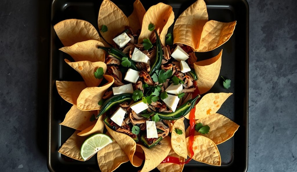 Smoked pulled chicken thigh nachos on a sheet pan topped with roasted Hatch green chiles, Monterey Jack, and an olive oil drizzle — the New Mexico-leaning green chile and chicken cut-swap variant.