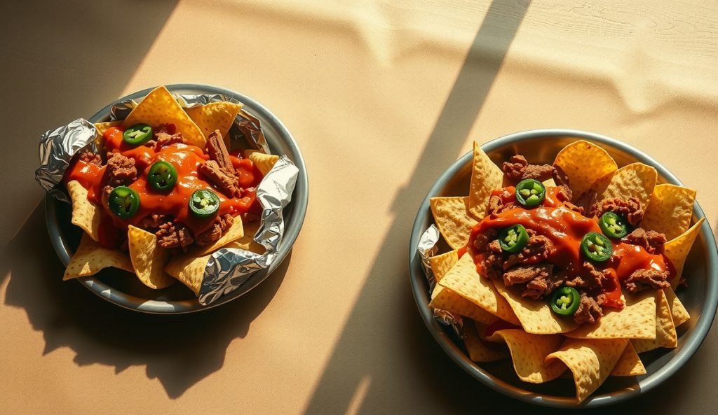 Two half-size foil pans of smoked pulled pork nachos staged side by side for staggered crowd service, showing the party-size build with double-pan volume and intact crisp chip structure.