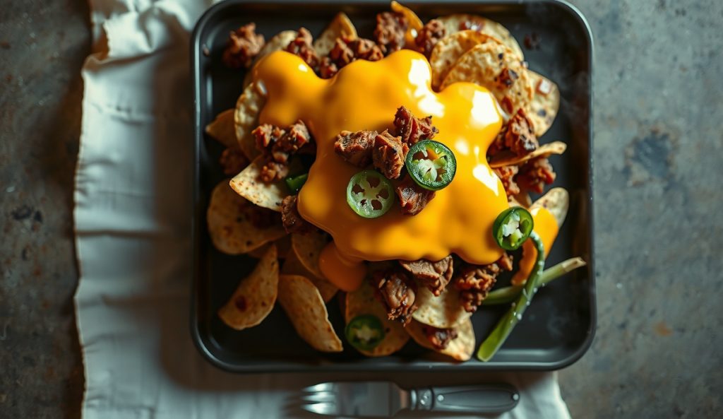 Smoked pulled pork nachos on a sheet pan with a poured American-cheese queso creating total continuous coverage across every chip — the queso upgrade with no melt gaps visible.
