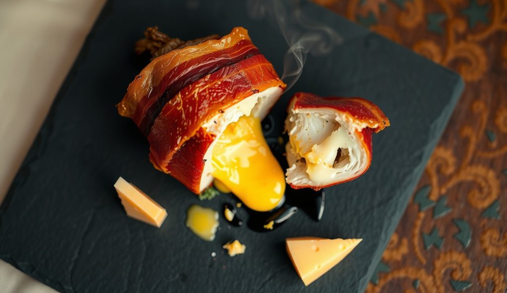 A smoked bacon-wrapped quail split open on dark slate revealing molten pepper-jack cheese oozing from the cavity, with a chunk of unmelted cheese beside it, showing the cheese-stuffed cavity variant.