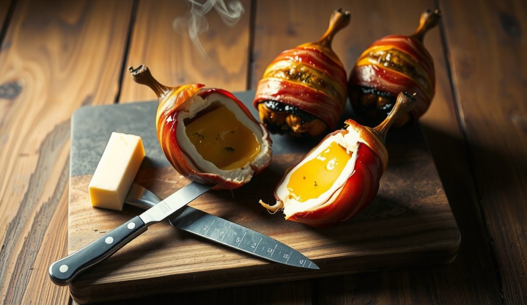 A smoked bacon-wrapped quail split open on a butcher block revealing melted herbed compound butter pooling in the cavity, with a log of compound butter beside it showing the butter-stuffed variant.
