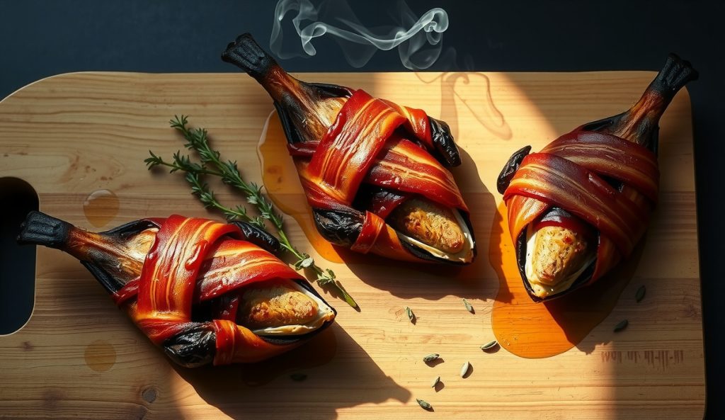Three bacon-wrapped smoked quail on a weathered butcher block, crispy mahogany bacon crust glistening, one bird sliced open showing a smoke ring and juicy interior, with drifting smoke and scattered thyme.