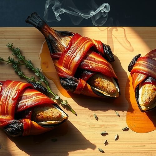 Three bacon-wrapped smoked quail on a weathered butcher block, crispy mahogany bacon crust glistening, one bird sliced open showing a smoke ring and juicy interior, with drifting smoke and scattered thyme.