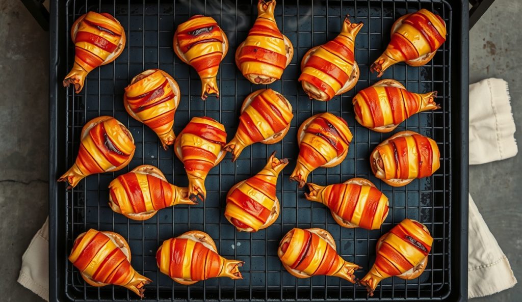 Twelve bacon-wrapped smoked quail arranged in a uniform grid on wide smoker grates from above, showing proper spacing and consistent crisped bacon across the large-batch scaling-up cook.
