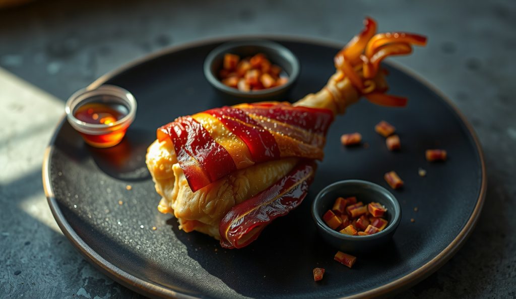 Smoked bacon-wrapped quail with a deeply lacquered caramelized brown sugar, smoked paprika, and cayenne crust on dark stoneware, with a ramekin of the spiced coating mix beside it.