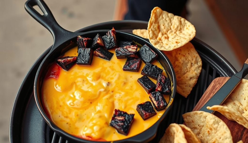 Cast iron queso dip on pellet grill featuring the brisket burnt end variation, with bark-crusted chopped burnt ends prominently visible above the golden cheese surface, replacing chorizo with deeper smoke character.
