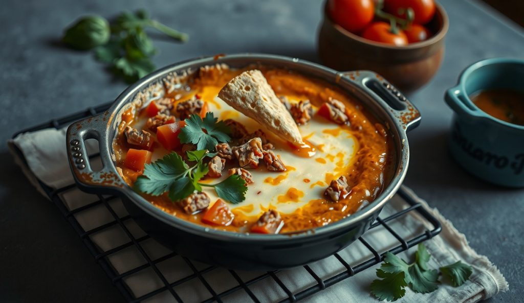 A foil pan of smoked queso dip on a wire rack, golden-brown smoky surface with crumbled chorizo, Rotel tomatoes and fresh cilantro, a tortilla chip mid-dip dripping molten cheese with rising steam.
