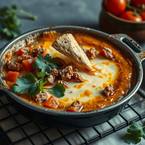 A foil pan of smoked queso dip on a wire rack, golden-brown smoky surface with crumbled chorizo, Rotel tomatoes and fresh cilantro, a tortilla chip mid-dip dripping molten cheese with rising steam.
