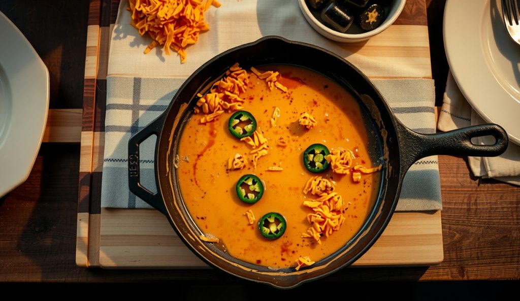 Pellet grill cast iron skillet of natural cheese queso made from shredded Monterey Jack and sharp cheddar stabilized with sodium citrate, showing a silky smooth scratch-built emulsion without processed cheese.