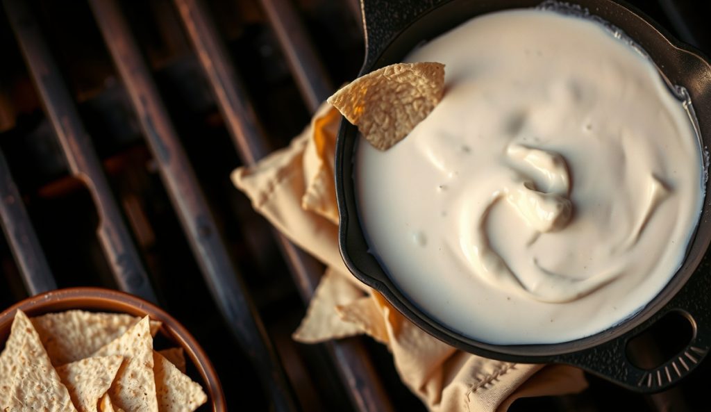Pellet grill white queso variation in cast iron showing the pale ivory color from white American and Velveeta blend, with roasted green chiles and tomatillo visible — lighter smoke and cleaner dairy base.
