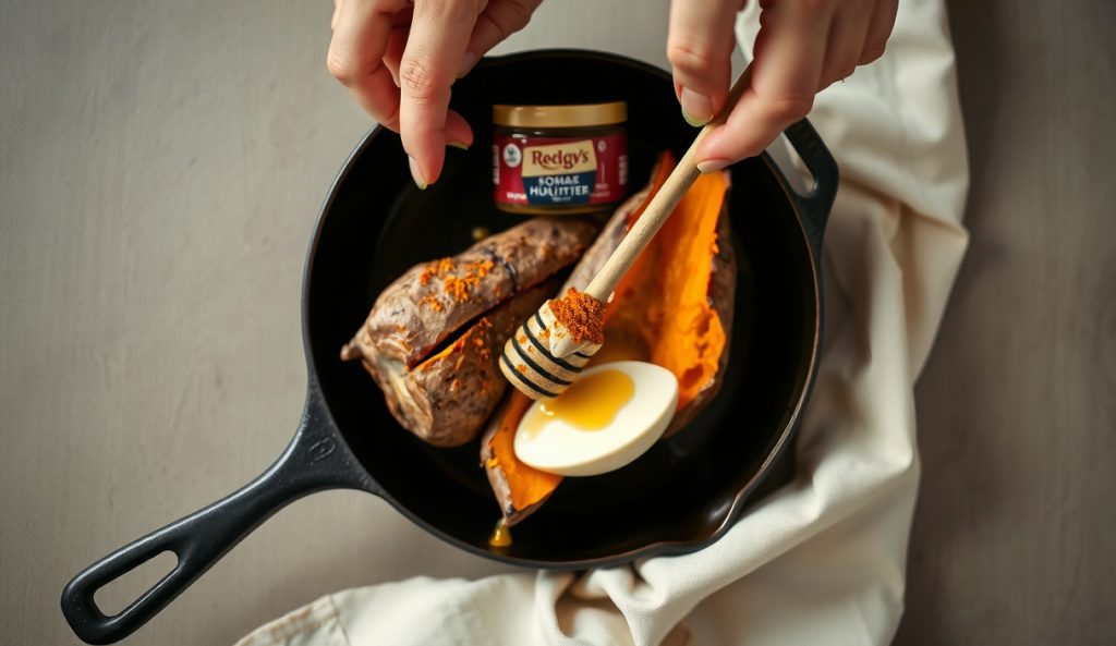 Smoked sweet potato with chipotle-honey compound butter melting into the flesh on a cast-iron skillet, Maillard browning on cut edges, honey jar with dipper wand beside it.