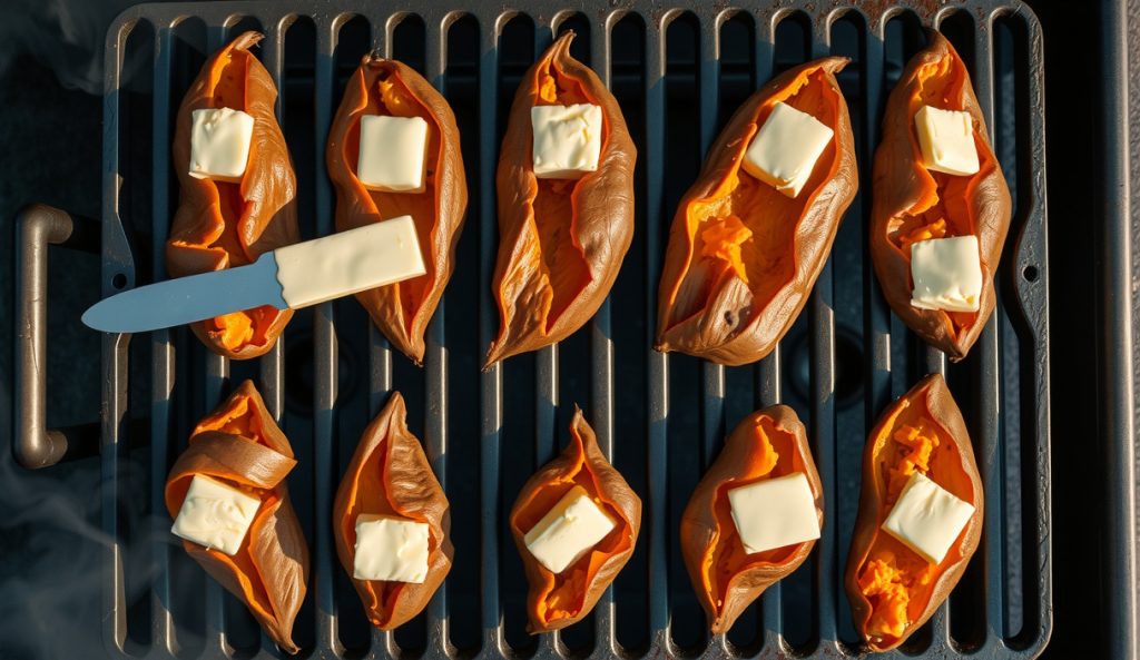 Eight uniformly sized smoked sweet potatoes in two rows on a smoker grate, each split and topped with melting compound butter, steam rising uniformly — crowd-scaling grate management on display.