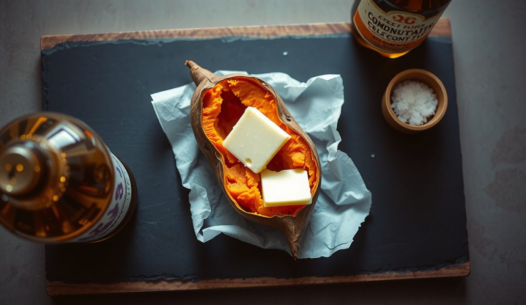 Dairy-free smoked sweet potato topped with melting refined coconut oil compound butter, a coconut oil butter log on parchment beside it, and a bourbon bottle and sea salt bowl at the edge.