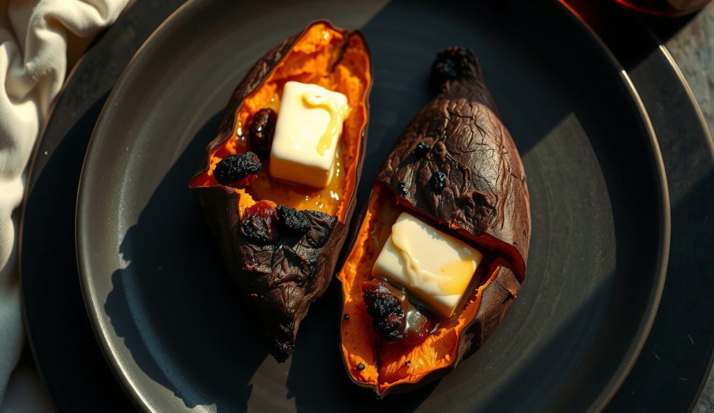 Three-quarter view of split smoked sweet potatoes on dark stoneware with brown sugar bourbon compound butter melting into the deeply caramelized amber interior, skin showing a visible smoke ring.