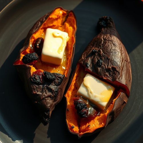 Three-quarter view of split smoked sweet potatoes on dark stoneware with brown sugar bourbon compound butter melting into the deeply caramelized amber interior, skin showing a visible smoke ring.