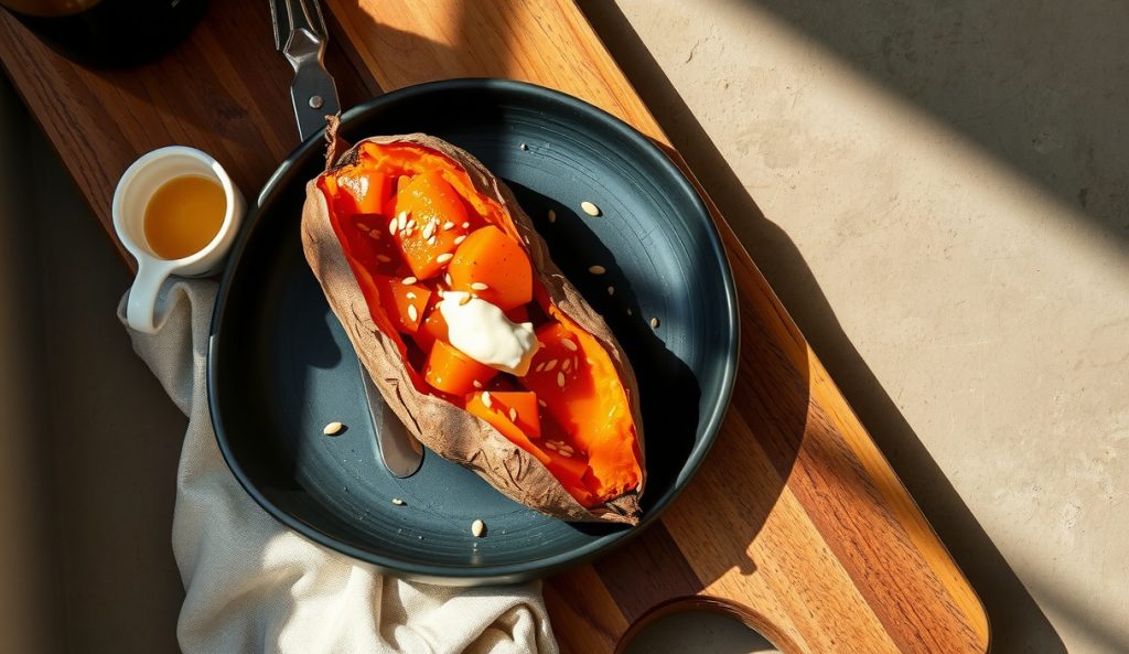 Smoked sweet potato with miso-maple compound butter melting into the flesh on a dark ceramic plate, white miso tub and maple syrup bottle at the edge, toasted sesame seeds scattered.