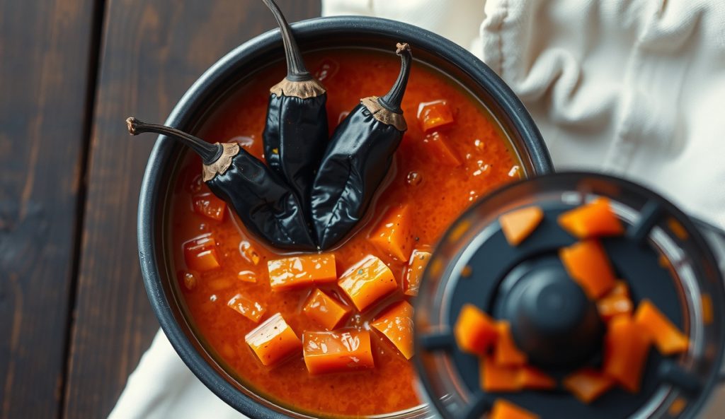 Árbol-escalated smoked tomato salsa in a ceramic bowl, vivid scarlet from dried chiles de árbol fanned across the surface, one broken open to show seeds, blender with chile residue beside it.