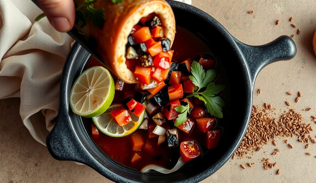 Top-down view of smoked salsa asada in a dark stoneware bowl with char-blistered tomato skins, blackened jalapeño pieces, fresh cilantro, and toasted cumin seeds on a concrete surface.