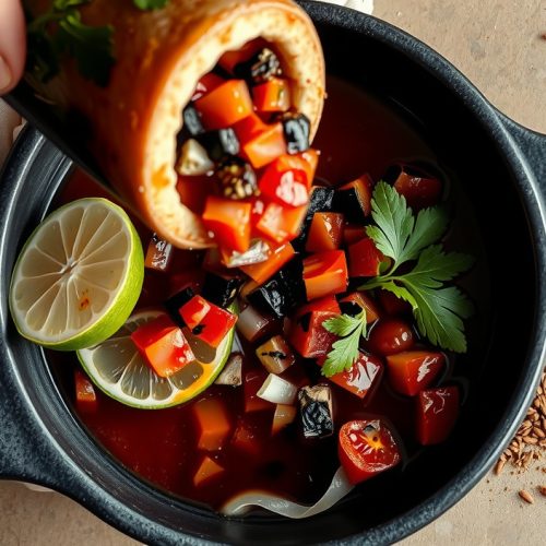 Top-down view of smoked salsa asada in a dark stoneware bowl with char-blistered tomato skins, blackened jalapeño pieces, fresh cilantro, and toasted cumin seeds on a concrete surface.