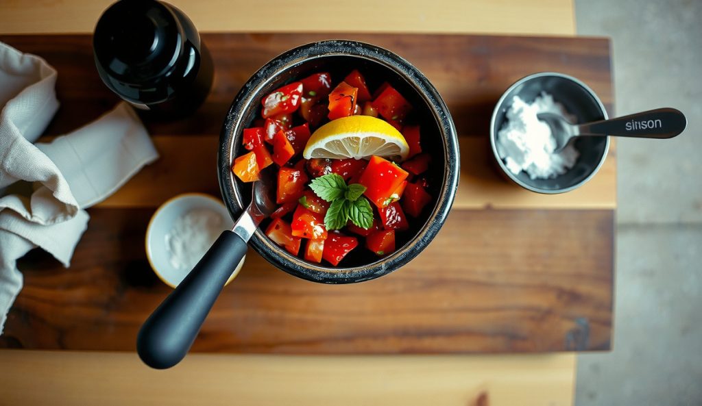 Low-sodium smoked tomato salsa in a stoneware bowl with a tiny salt pinch-bowl and a fish sauce bottle with measuring spoon — the umami salt-substitute substitution clearly visible.